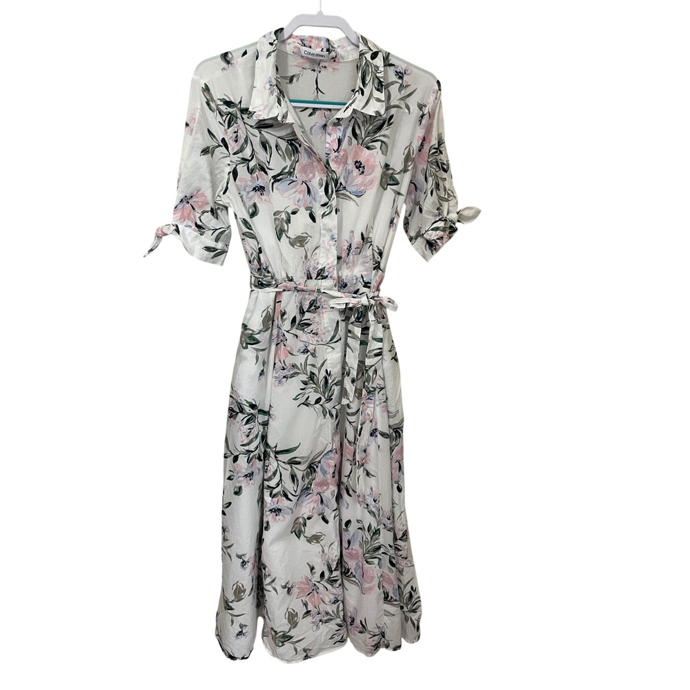 Calvin Klein Size 14 Cotton Floral Belted Midi Shirt Dress White Pink Blue